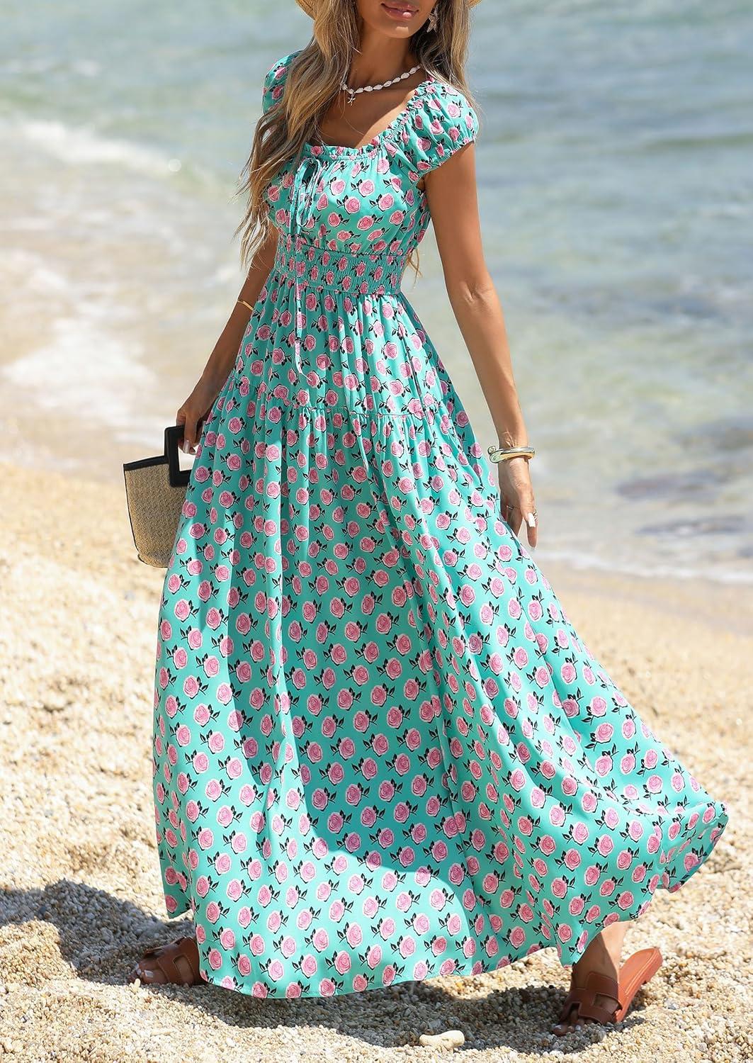 imagePRETTYGARDEN Boho Maxi Dresses for Women 2026 Summer Floral Wedding Guest Dress Resort Wear Spring Long Flowy Beach SundressGreen Pink Floral