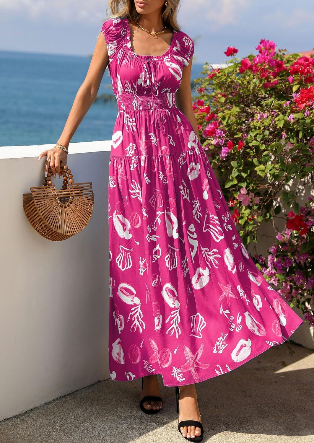 imagePRETTYGARDEN Boho Maxi Dresses for Women 2026 Summer Floral Wedding Guest Dress Resort Wear Spring Long Flowy Beach SundressRose Red White Floral