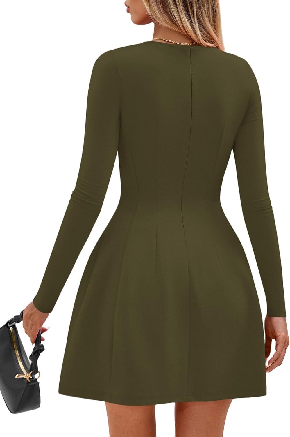 imagePRETTYGARDEN Long Sleeve Mini Dress for Women 2026 Spring Crewneck Knit Pleated Babydoll A Line Casual Short Party DressesArmy Green