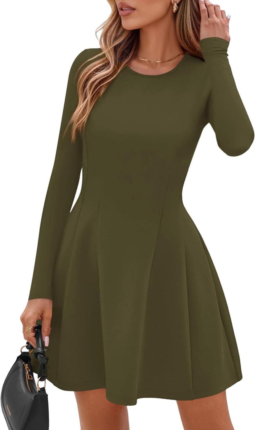 imagePRETTYGARDEN Long Sleeve Mini Dress for Women 2026 Spring Crewneck Knit Pleated Babydoll A Line Casual Short Party DressesArmy Green