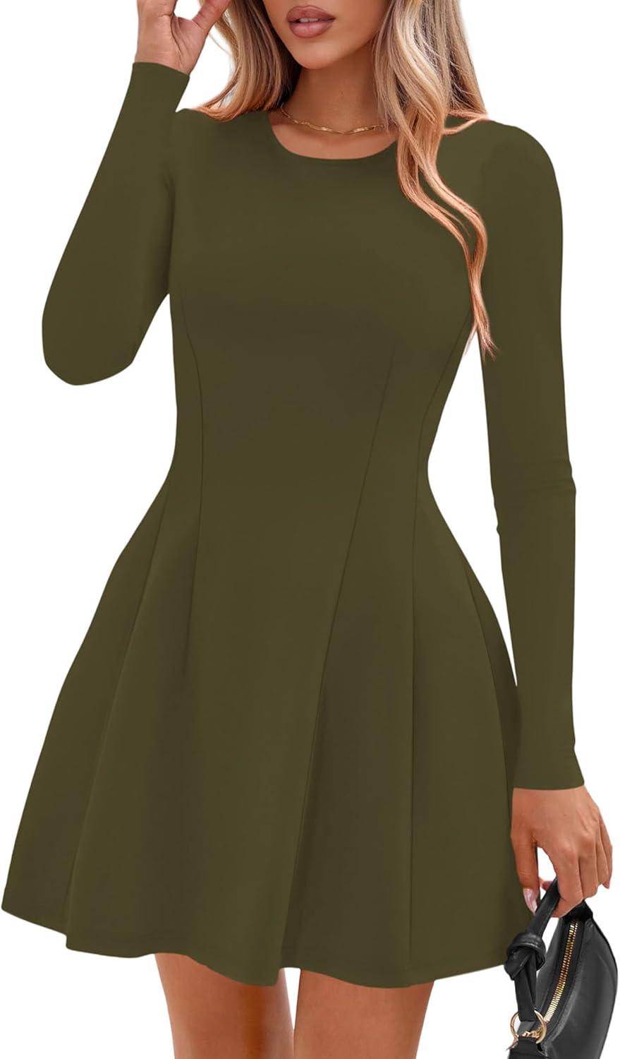 imagePRETTYGARDEN Long Sleeve Mini Dress for Women 2026 Spring Crewneck Knit Pleated Babydoll A Line Casual Short Party DressesArmy Green