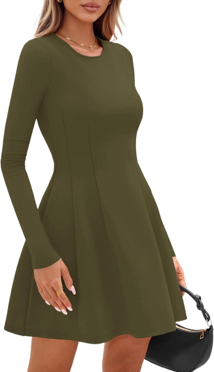 imagePRETTYGARDEN Long Sleeve Mini Dress for Women 2026 Spring Crewneck Knit Pleated Babydoll A Line Casual Short Party DressesArmy Green