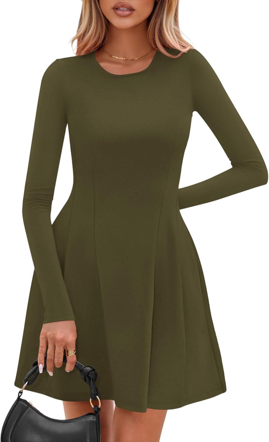 imagePRETTYGARDEN Long Sleeve Mini Dress for Women 2026 Spring Crewneck Knit Pleated Babydoll A Line Casual Short Party DressesArmy Green