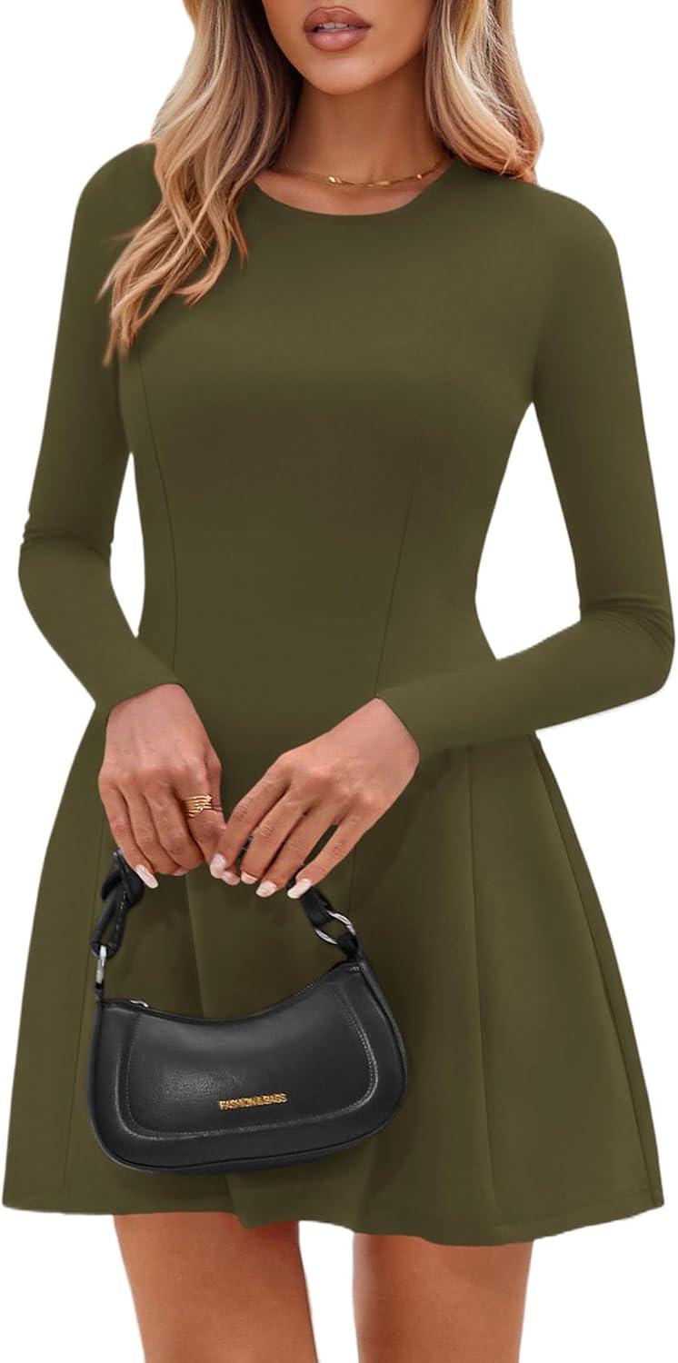 imagePRETTYGARDEN Long Sleeve Mini Dress for Women 2026 Spring Crewneck Knit Pleated Babydoll A Line Casual Short Party DressesArmy Green