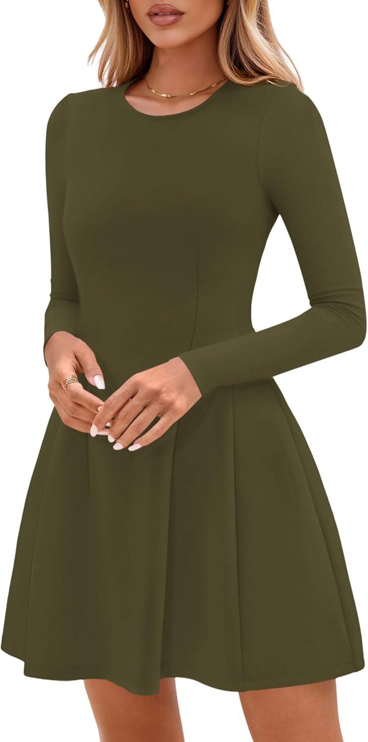 imagePRETTYGARDEN Long Sleeve Mini Dress for Women 2026 Spring Crewneck Knit Pleated Babydoll A Line Casual Short Party DressesArmy Green
