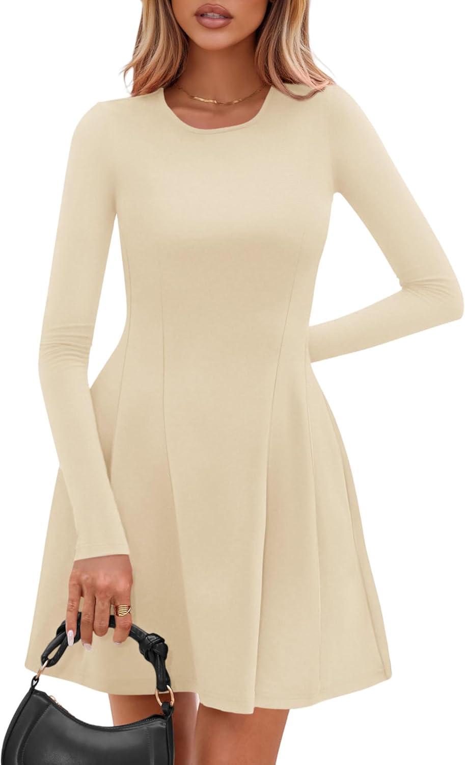 imagePRETTYGARDEN Long Sleeve Mini Dress for Women 2026 Spring Crewneck Knit Pleated Babydoll A Line Casual Short Party DressesBeige