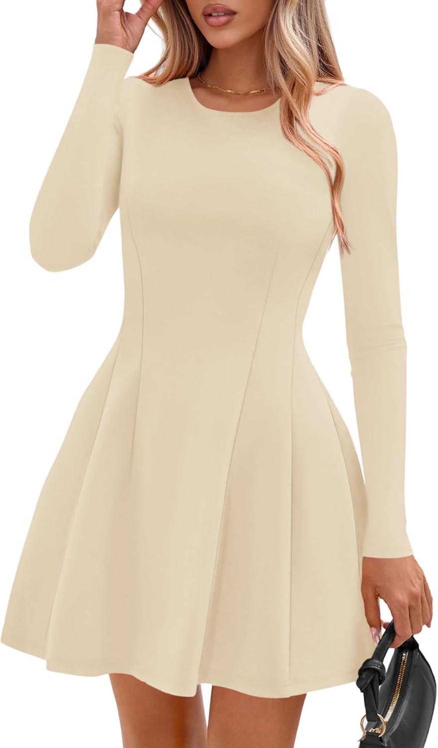 imagePRETTYGARDEN Long Sleeve Mini Dress for Women 2026 Spring Crewneck Knit Pleated Babydoll A Line Casual Short Party DressesBeige