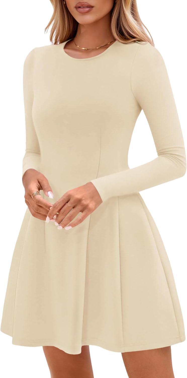 imagePRETTYGARDEN Long Sleeve Mini Dress for Women 2026 Spring Crewneck Knit Pleated Babydoll A Line Casual Short Party DressesBeige