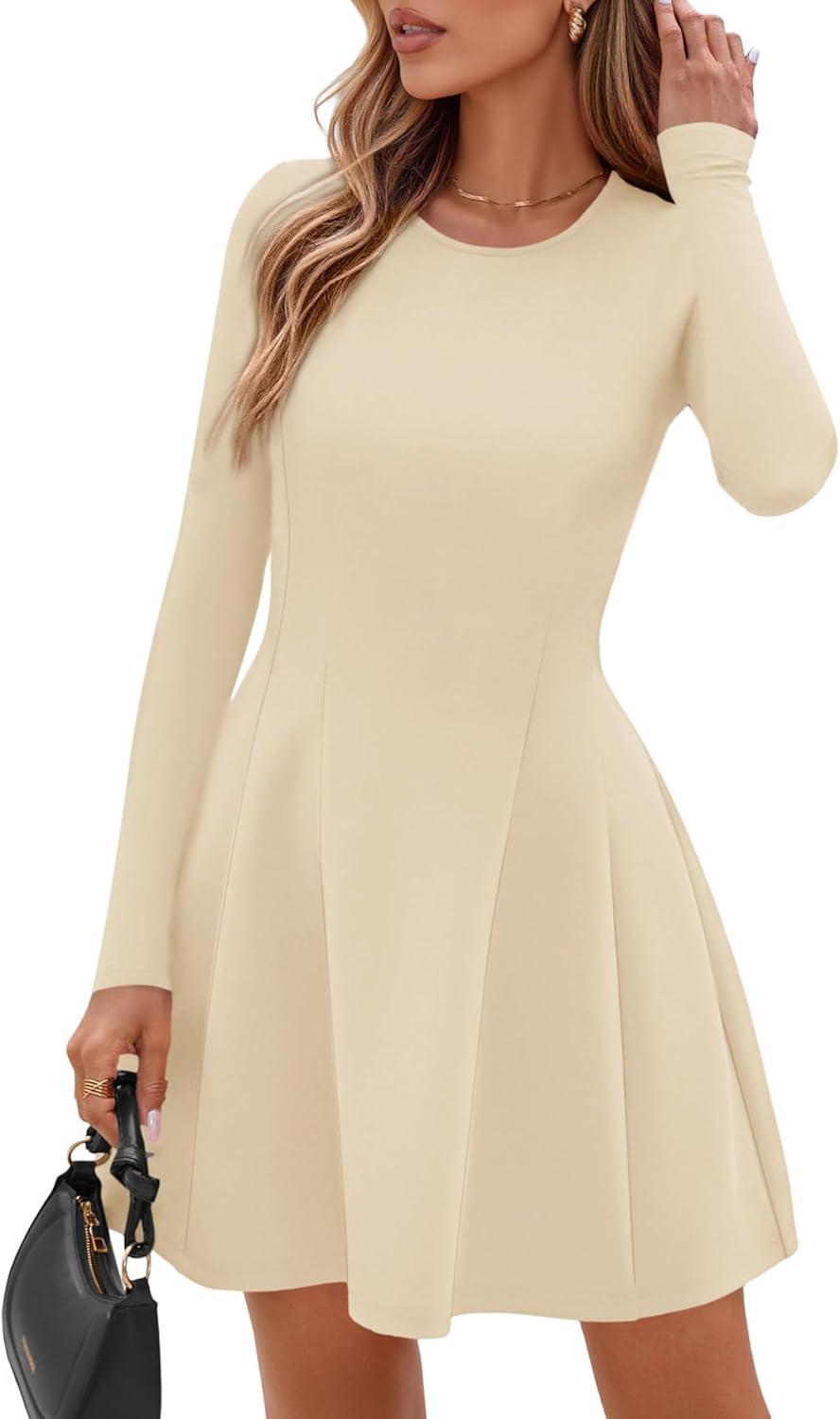 imagePRETTYGARDEN Long Sleeve Mini Dress for Women 2026 Spring Crewneck Knit Pleated Babydoll A Line Casual Short Party DressesBeige
