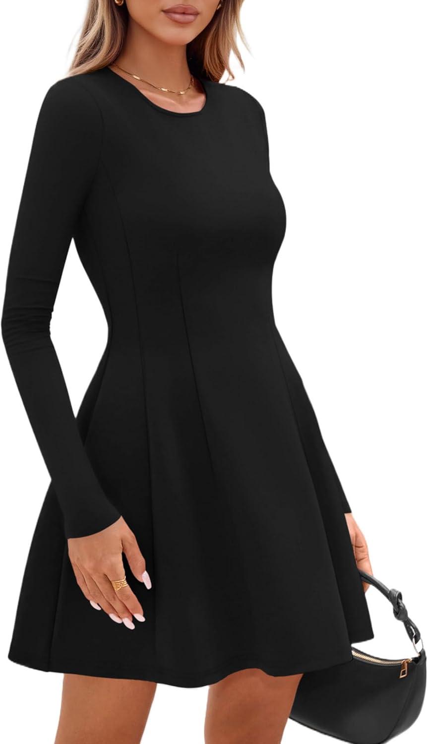 imagePRETTYGARDEN Long Sleeve Mini Dress for Women 2026 Spring Crewneck Knit Pleated Babydoll A Line Casual Short Party DressesBlack