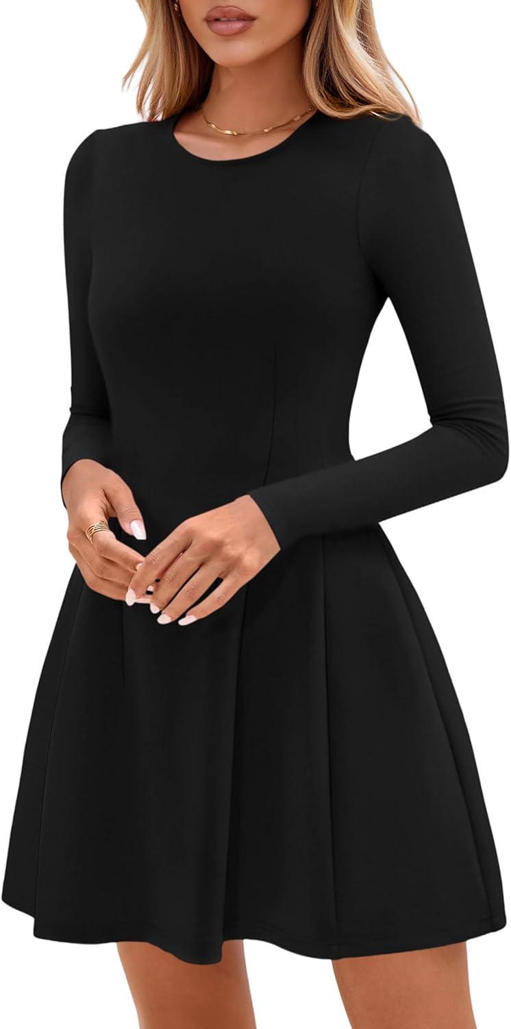 imagePRETTYGARDEN Long Sleeve Mini Dress for Women 2026 Spring Crewneck Knit Pleated Babydoll A Line Casual Short Party DressesBlack