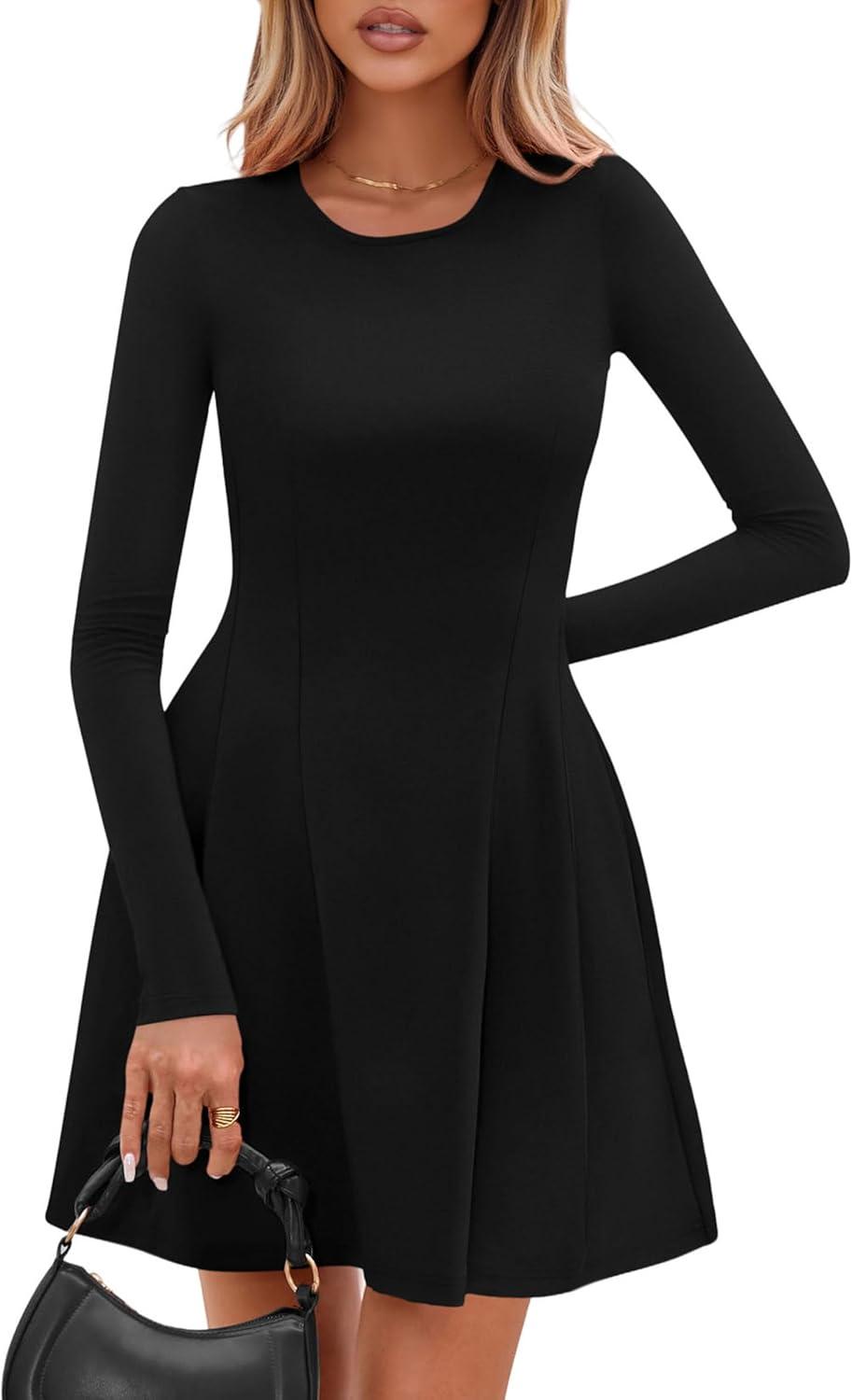 imagePRETTYGARDEN Long Sleeve Mini Dress for Women 2026 Spring Crewneck Knit Pleated Babydoll A Line Casual Short Party DressesBlack
