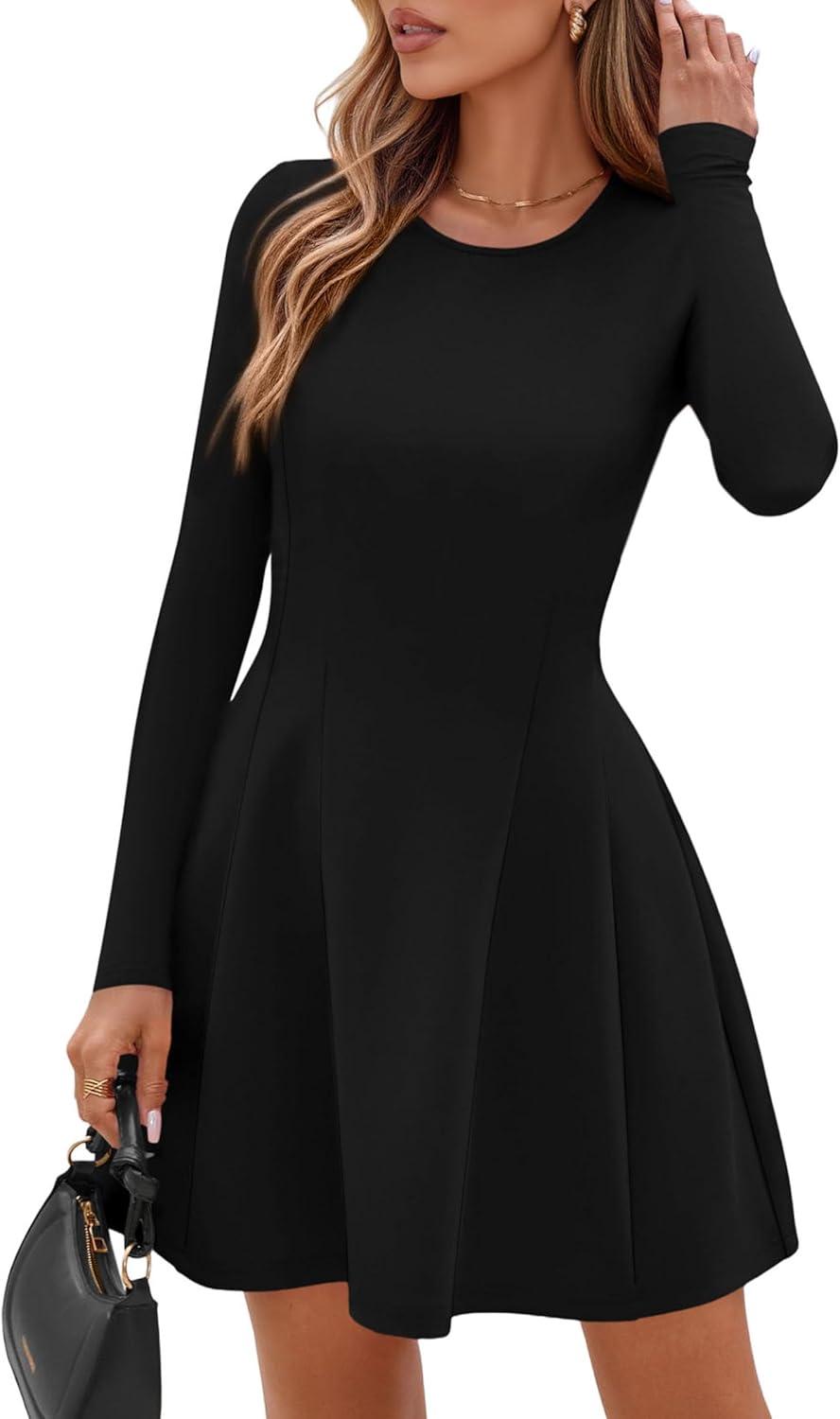 imagePRETTYGARDEN Long Sleeve Mini Dress for Women 2026 Spring Crewneck Knit Pleated Babydoll A Line Casual Short Party DressesBlack