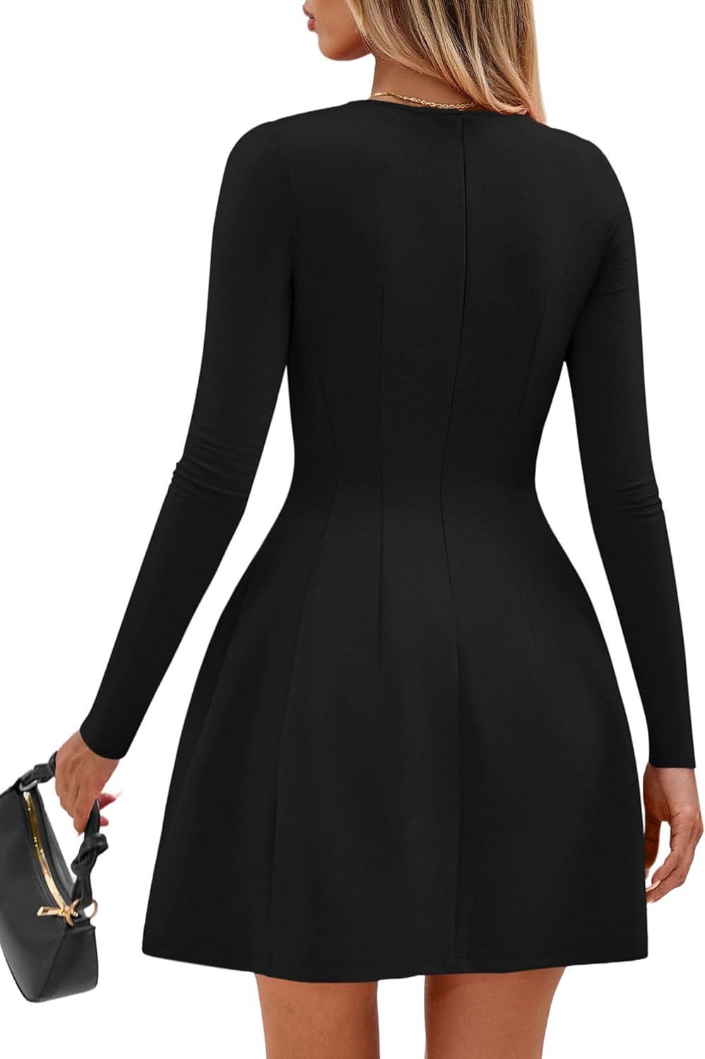 imagePRETTYGARDEN Long Sleeve Mini Dress for Women 2026 Spring Crewneck Knit Pleated Babydoll A Line Casual Short Party DressesBlack