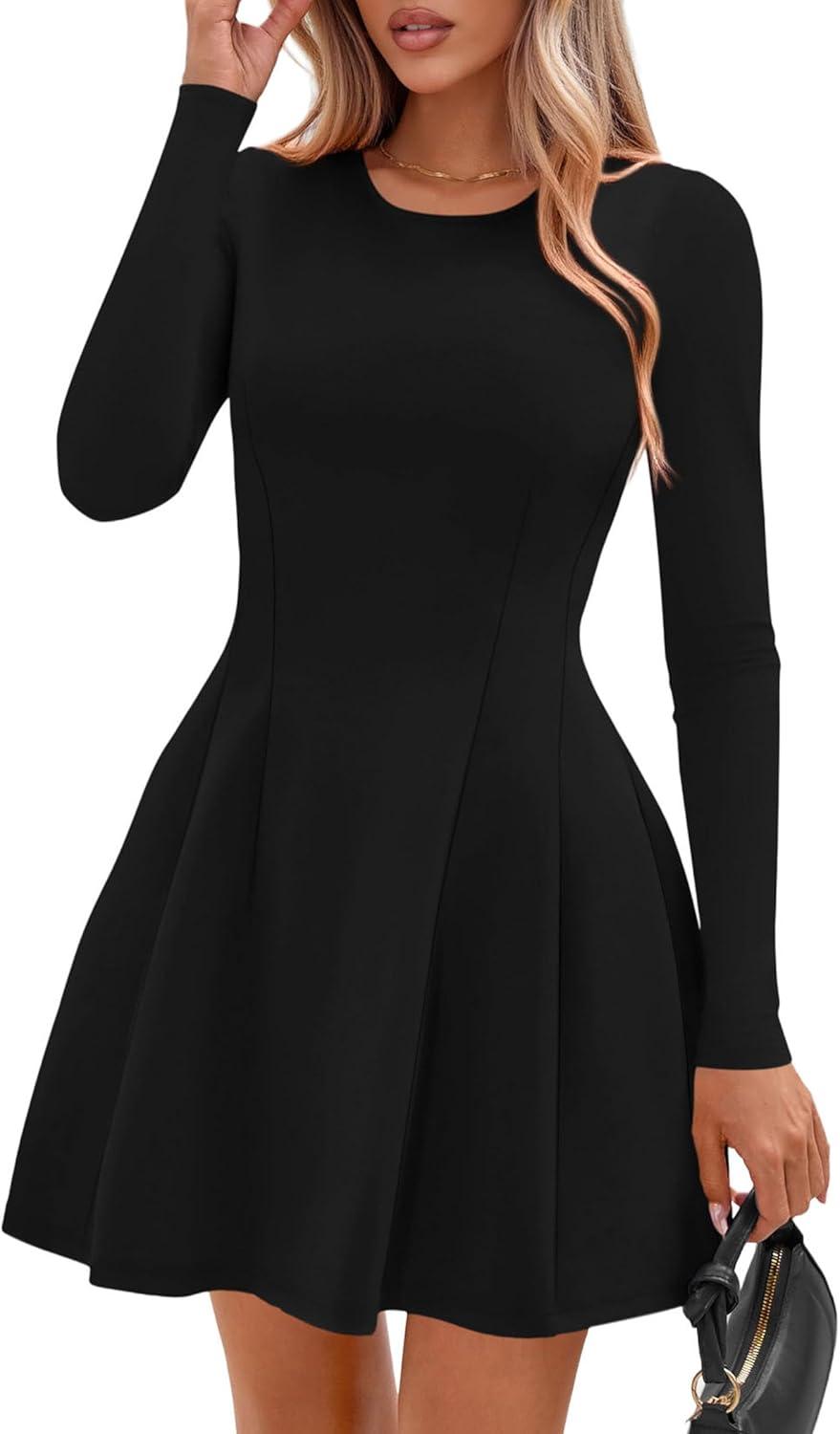 imagePRETTYGARDEN Long Sleeve Mini Dress for Women 2026 Spring Crewneck Knit Pleated Babydoll A Line Casual Short Party DressesBlack