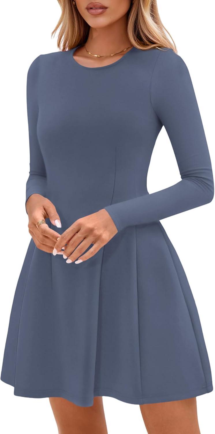 imagePRETTYGARDEN Long Sleeve Mini Dress for Women 2026 Spring Crewneck Knit Pleated Babydoll A Line Casual Short Party DressesBlue
