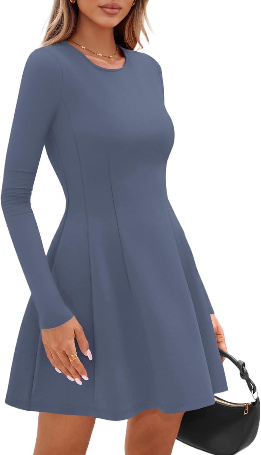imagePRETTYGARDEN Long Sleeve Mini Dress for Women 2026 Spring Crewneck Knit Pleated Babydoll A Line Casual Short Party DressesBlue