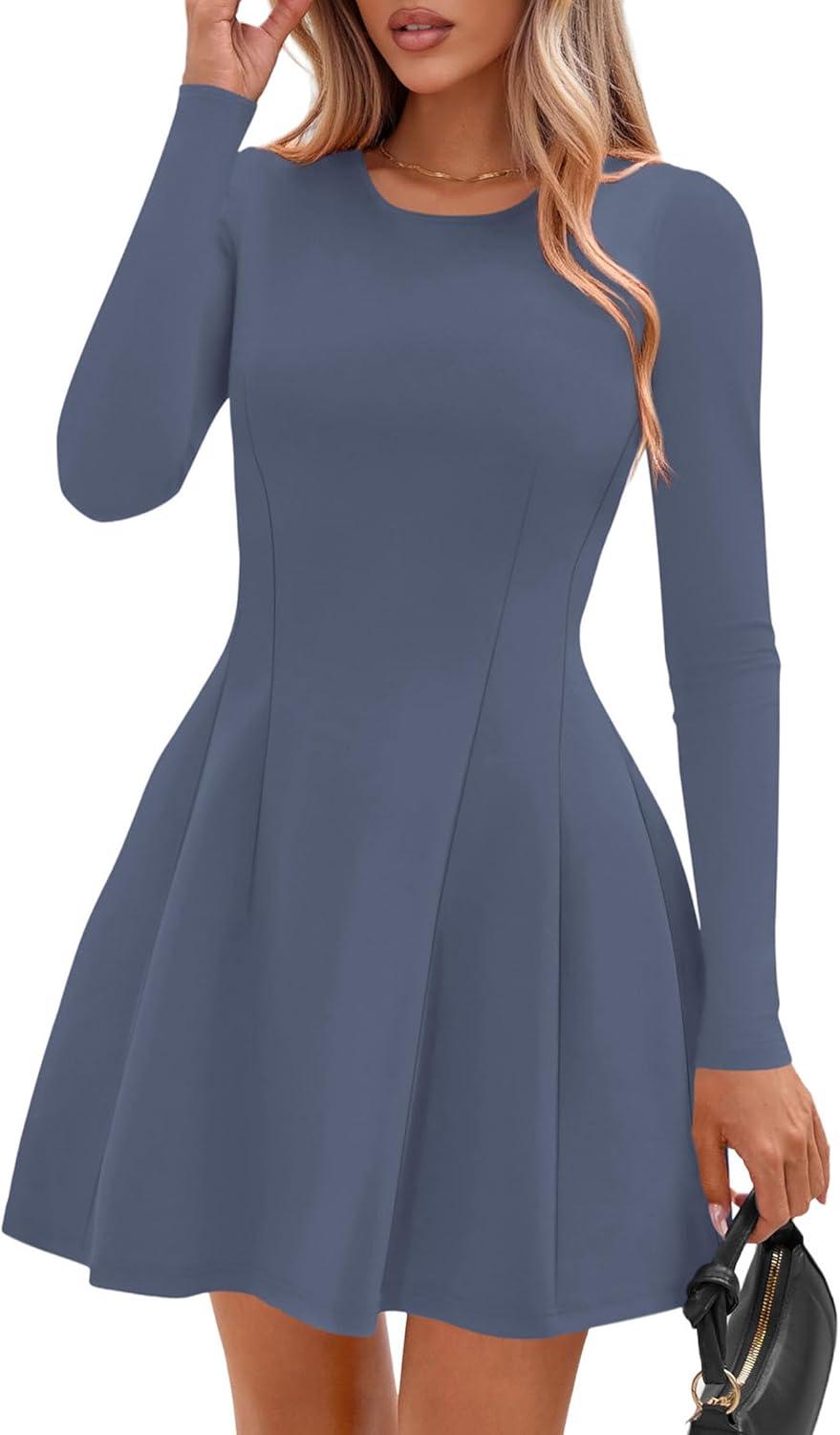 imagePRETTYGARDEN Long Sleeve Mini Dress for Women 2026 Spring Crewneck Knit Pleated Babydoll A Line Casual Short Party DressesBlue
