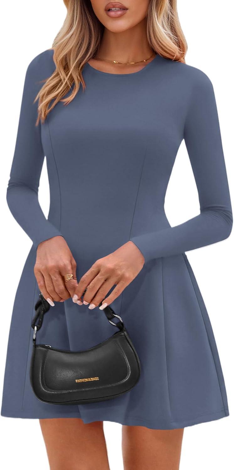 imagePRETTYGARDEN Long Sleeve Mini Dress for Women 2026 Spring Crewneck Knit Pleated Babydoll A Line Casual Short Party DressesBlue