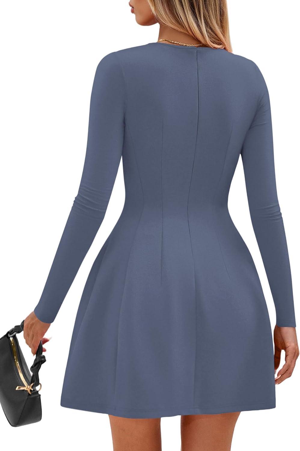 imagePRETTYGARDEN Long Sleeve Mini Dress for Women 2026 Spring Crewneck Knit Pleated Babydoll A Line Casual Short Party DressesBlue
