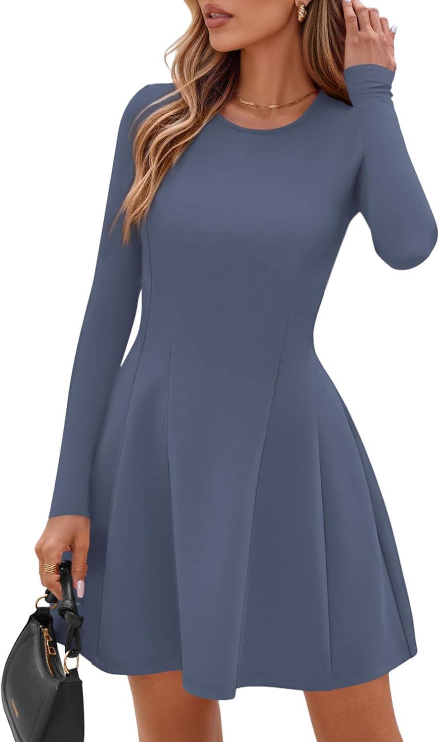 imagePRETTYGARDEN Long Sleeve Mini Dress for Women 2026 Spring Crewneck Knit Pleated Babydoll A Line Casual Short Party DressesBlue