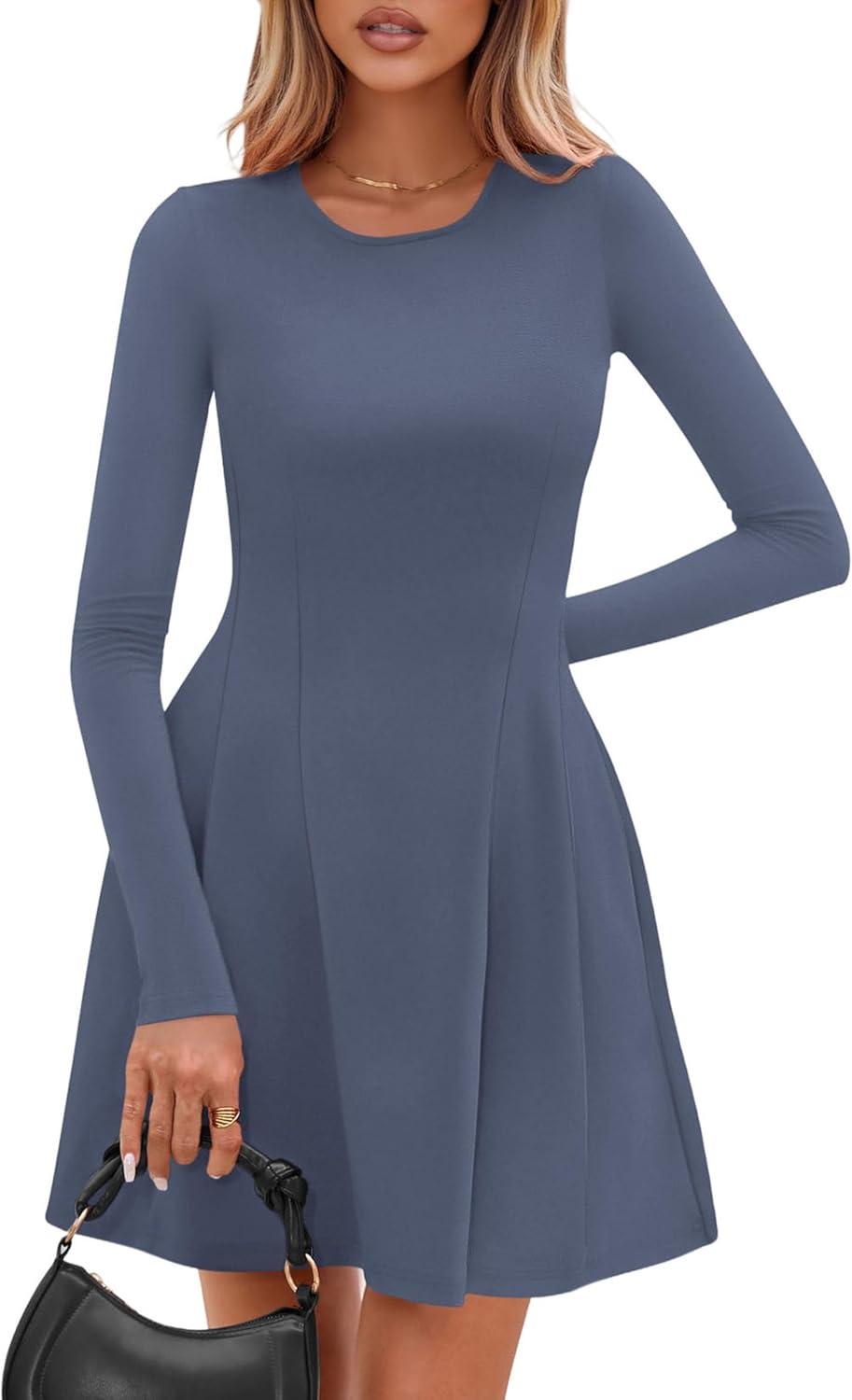 imagePRETTYGARDEN Long Sleeve Mini Dress for Women 2026 Spring Crewneck Knit Pleated Babydoll A Line Casual Short Party DressesBlue