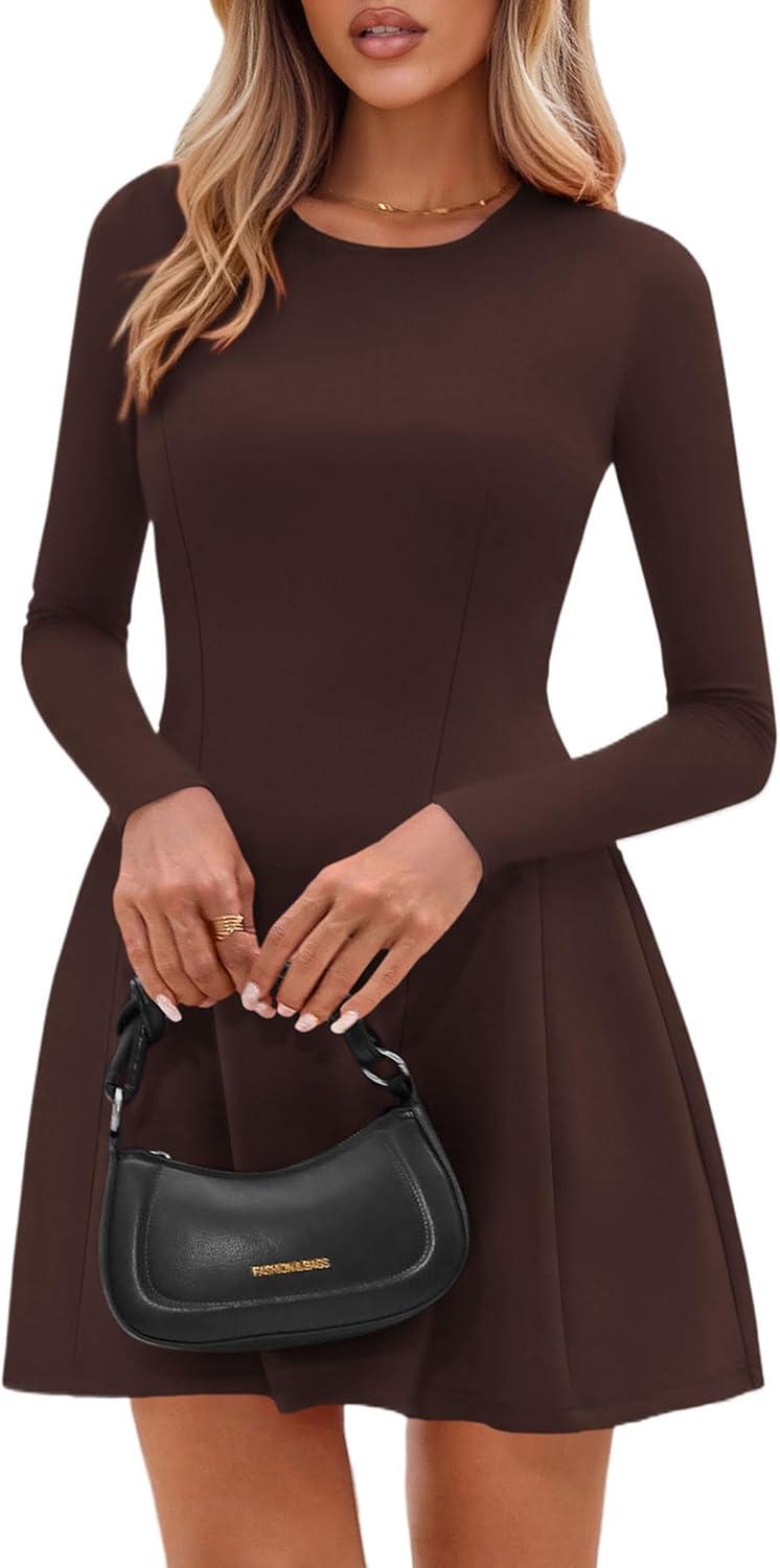 imagePRETTYGARDEN Long Sleeve Mini Dress for Women 2026 Spring Crewneck Knit Pleated Babydoll A Line Casual Short Party DressesBrown