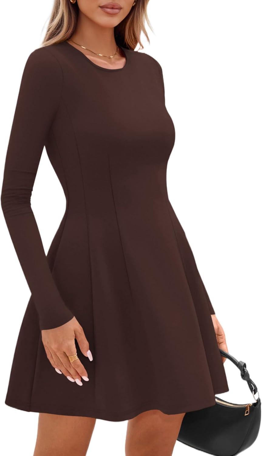 imagePRETTYGARDEN Long Sleeve Mini Dress for Women 2026 Spring Crewneck Knit Pleated Babydoll A Line Casual Short Party DressesBrown