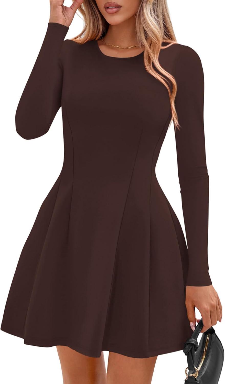 imagePRETTYGARDEN Long Sleeve Mini Dress for Women 2026 Spring Crewneck Knit Pleated Babydoll A Line Casual Short Party DressesBrown