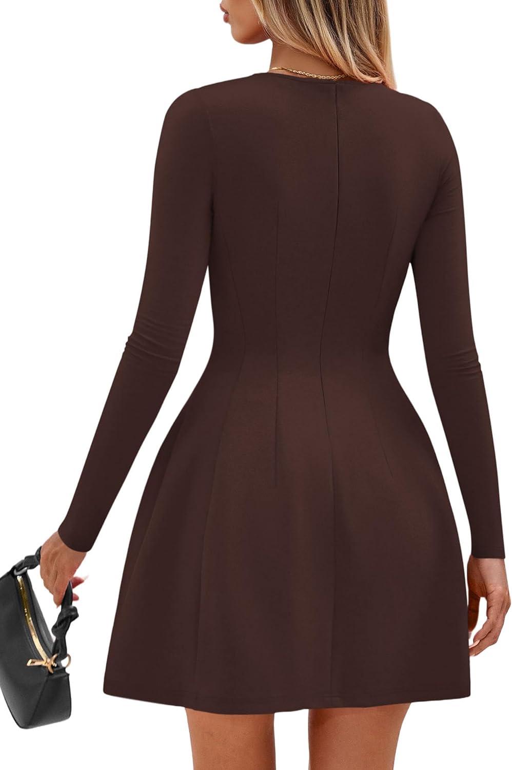 imagePRETTYGARDEN Long Sleeve Mini Dress for Women 2026 Spring Crewneck Knit Pleated Babydoll A Line Casual Short Party DressesBrown