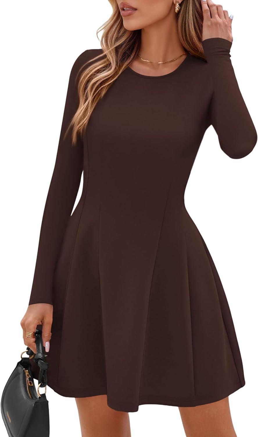 imagePRETTYGARDEN Long Sleeve Mini Dress for Women 2026 Spring Crewneck Knit Pleated Babydoll A Line Casual Short Party DressesBrown