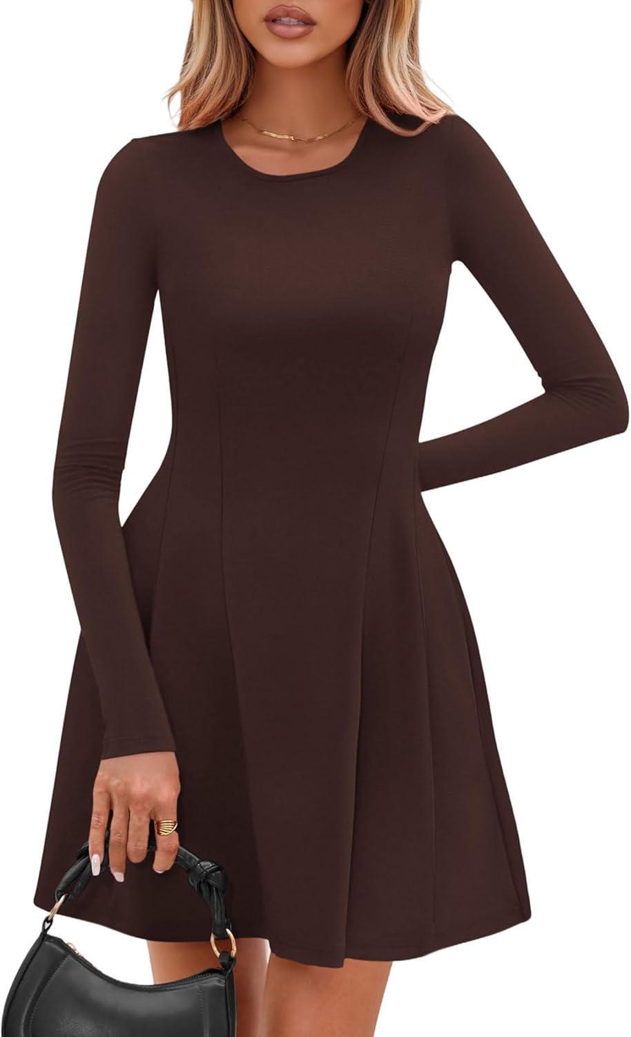 imagePRETTYGARDEN Long Sleeve Mini Dress for Women 2026 Spring Crewneck Knit Pleated Babydoll A Line Casual Short Party DressesBrown