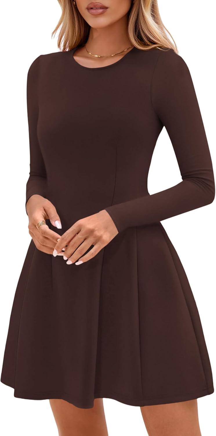 imagePRETTYGARDEN Long Sleeve Mini Dress for Women 2026 Spring Crewneck Knit Pleated Babydoll A Line Casual Short Party DressesBrown