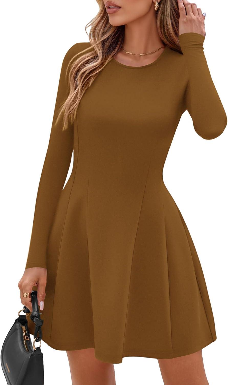 imagePRETTYGARDEN Long Sleeve Mini Dress for Women 2026 Spring Crewneck Knit Pleated Babydoll A Line Casual Short Party DressesCoffee