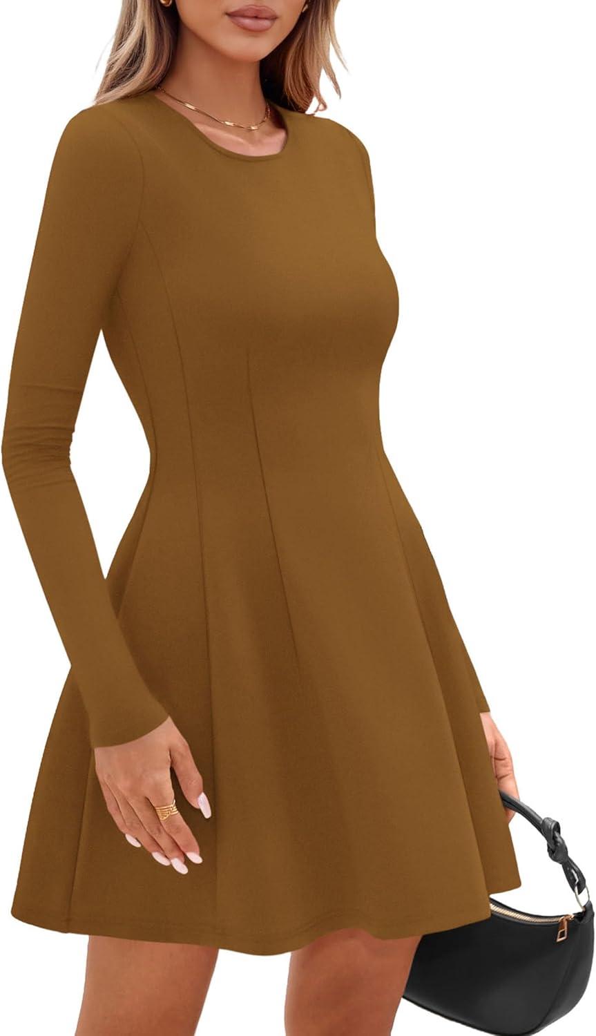 imagePRETTYGARDEN Long Sleeve Mini Dress for Women 2026 Spring Crewneck Knit Pleated Babydoll A Line Casual Short Party DressesCoffee