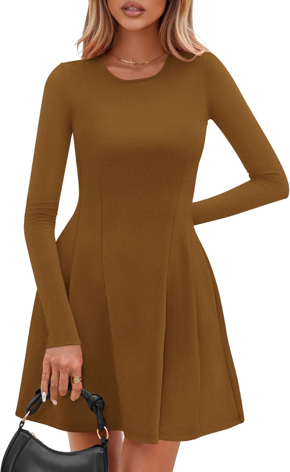 imagePRETTYGARDEN Long Sleeve Mini Dress for Women 2026 Spring Crewneck Knit Pleated Babydoll A Line Casual Short Party DressesCoffee