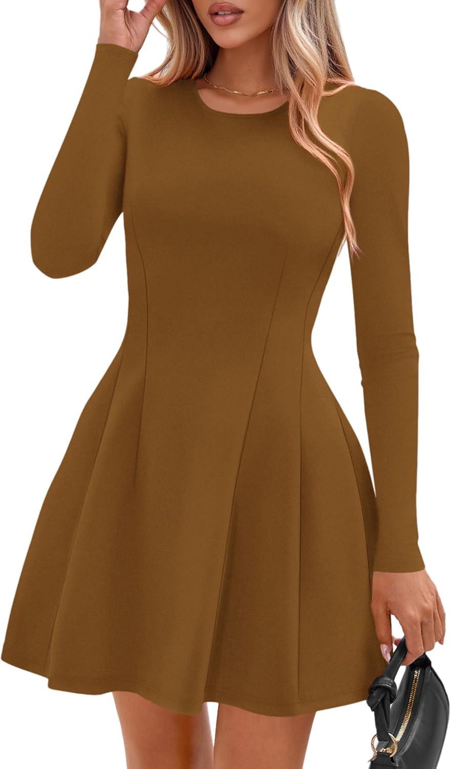 imagePRETTYGARDEN Long Sleeve Mini Dress for Women 2026 Spring Crewneck Knit Pleated Babydoll A Line Casual Short Party DressesCoffee