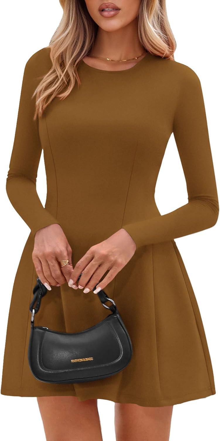 imagePRETTYGARDEN Long Sleeve Mini Dress for Women 2026 Spring Crewneck Knit Pleated Babydoll A Line Casual Short Party DressesCoffee