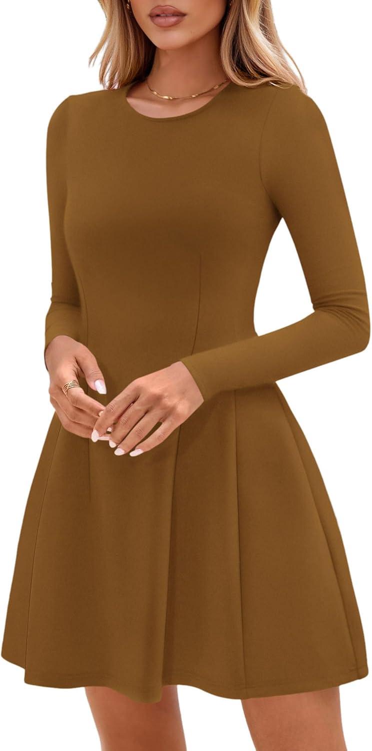 imagePRETTYGARDEN Long Sleeve Mini Dress for Women 2026 Spring Crewneck Knit Pleated Babydoll A Line Casual Short Party DressesCoffee