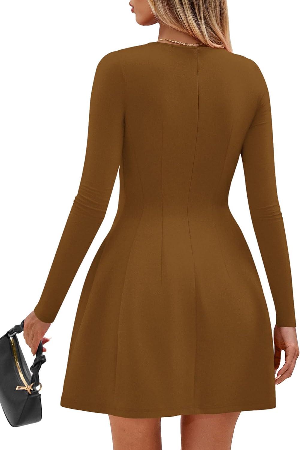 imagePRETTYGARDEN Long Sleeve Mini Dress for Women 2026 Spring Crewneck Knit Pleated Babydoll A Line Casual Short Party DressesCoffee