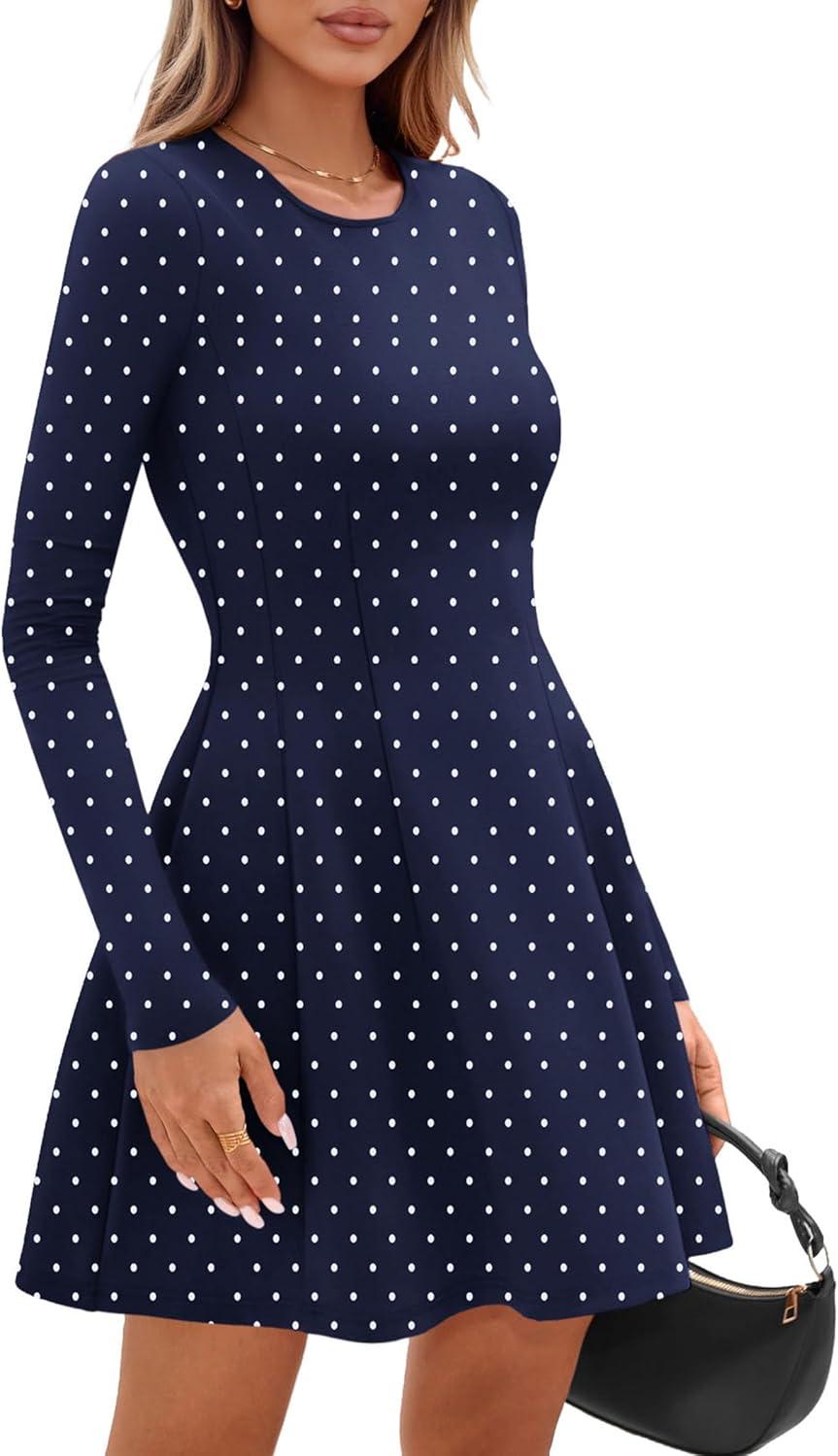 imagePRETTYGARDEN Long Sleeve Mini Dress for Women 2026 Spring Crewneck Knit Pleated Babydoll A Line Casual Short Party DressesDot Navy White