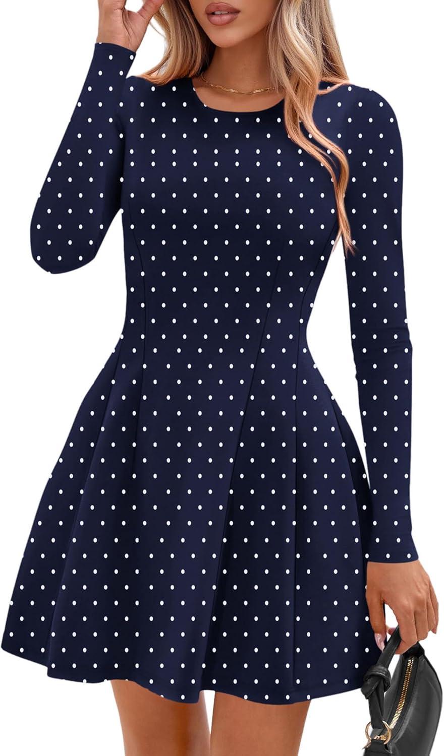 imagePRETTYGARDEN Long Sleeve Mini Dress for Women 2026 Spring Crewneck Knit Pleated Babydoll A Line Casual Short Party DressesDot Navy White