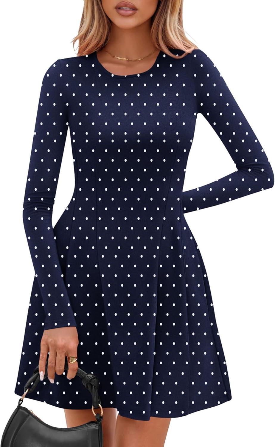 imagePRETTYGARDEN Long Sleeve Mini Dress for Women 2026 Spring Crewneck Knit Pleated Babydoll A Line Casual Short Party DressesDot Navy White