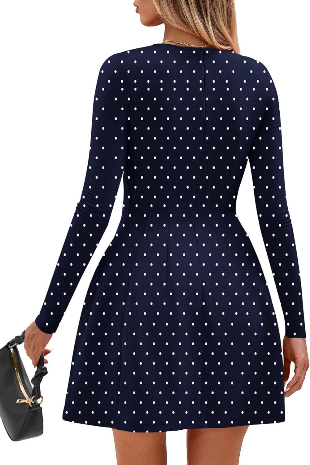 imagePRETTYGARDEN Long Sleeve Mini Dress for Women 2026 Spring Crewneck Knit Pleated Babydoll A Line Casual Short Party DressesDot Navy White