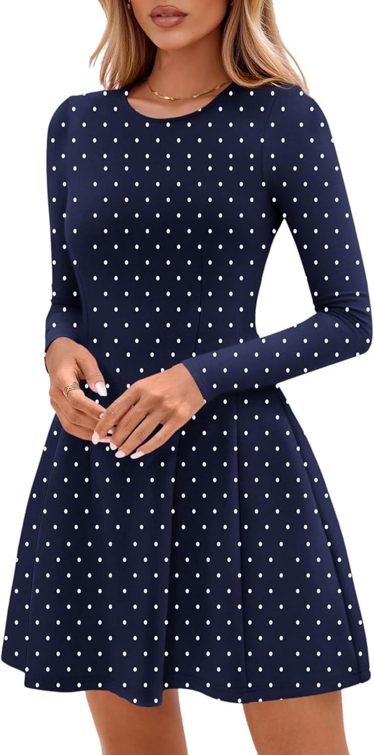 imagePRETTYGARDEN Long Sleeve Mini Dress for Women 2026 Spring Crewneck Knit Pleated Babydoll A Line Casual Short Party DressesDot Navy White