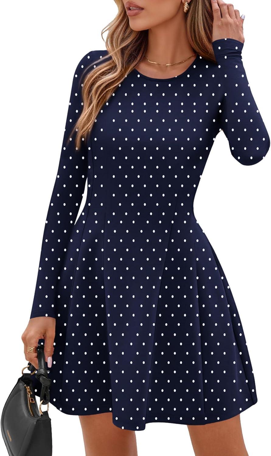 imagePRETTYGARDEN Long Sleeve Mini Dress for Women 2026 Spring Crewneck Knit Pleated Babydoll A Line Casual Short Party DressesDot Navy White