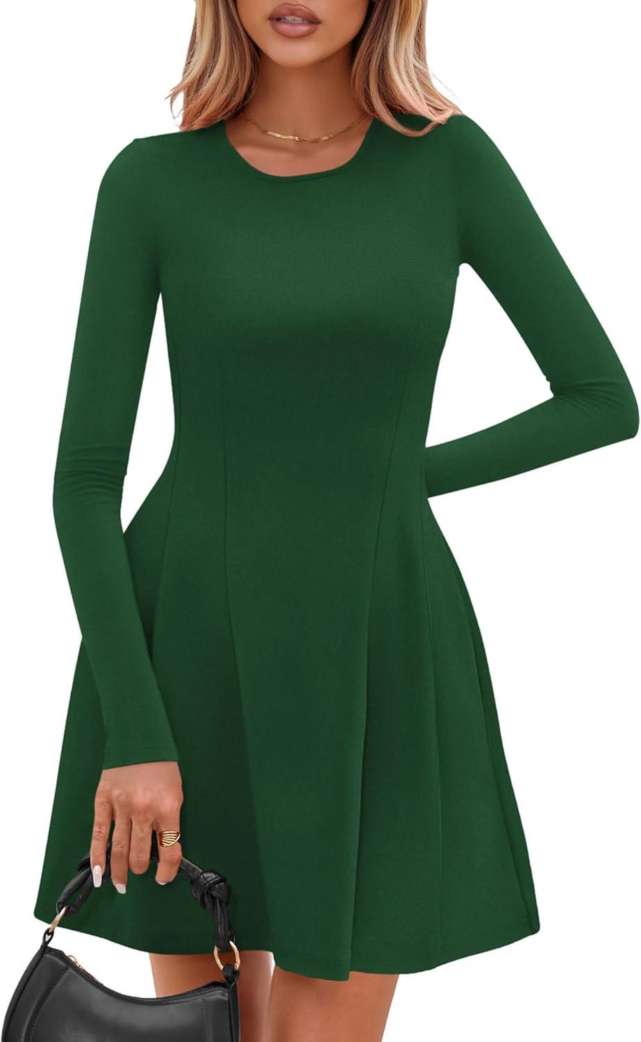 imagePRETTYGARDEN Long Sleeve Mini Dress for Women 2026 Spring Crewneck Knit Pleated Babydoll A Line Casual Short Party DressesGreen