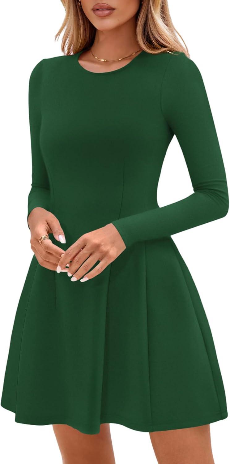 imagePRETTYGARDEN Long Sleeve Mini Dress for Women 2026 Spring Crewneck Knit Pleated Babydoll A Line Casual Short Party DressesGreen
