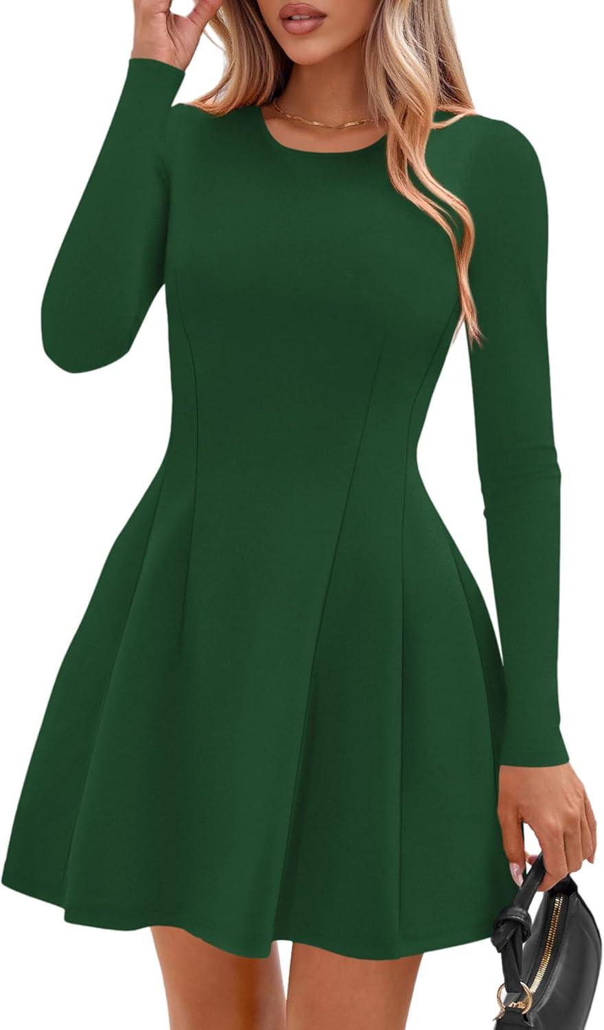 imagePRETTYGARDEN Long Sleeve Mini Dress for Women 2026 Spring Crewneck Knit Pleated Babydoll A Line Casual Short Party DressesGreen