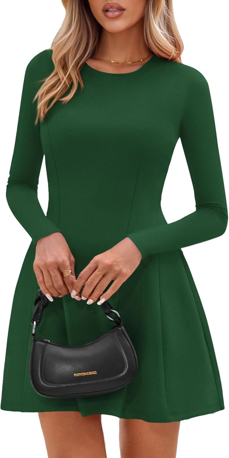 imagePRETTYGARDEN Long Sleeve Mini Dress for Women 2026 Spring Crewneck Knit Pleated Babydoll A Line Casual Short Party DressesGreen